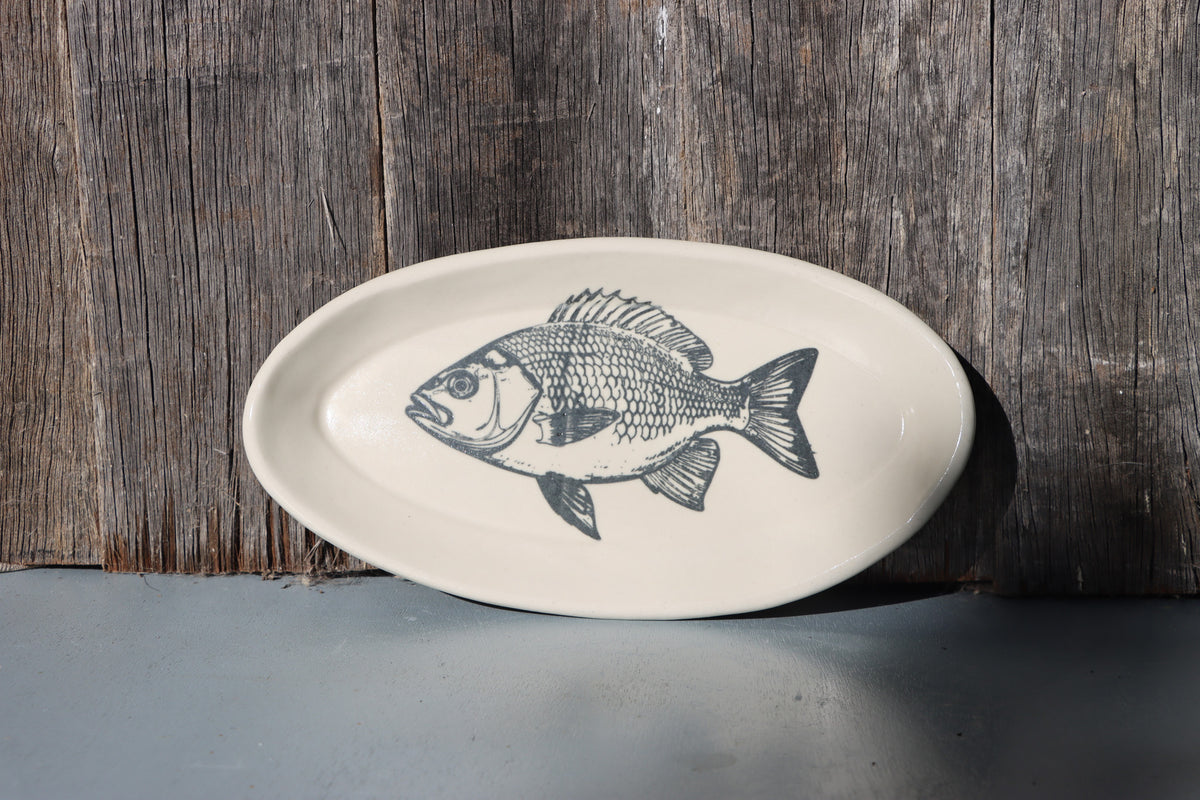 Hand Screen Printed Stoneware Plate:  Fish Design, Yellow and Black, or Black on White, Clear Glaze
