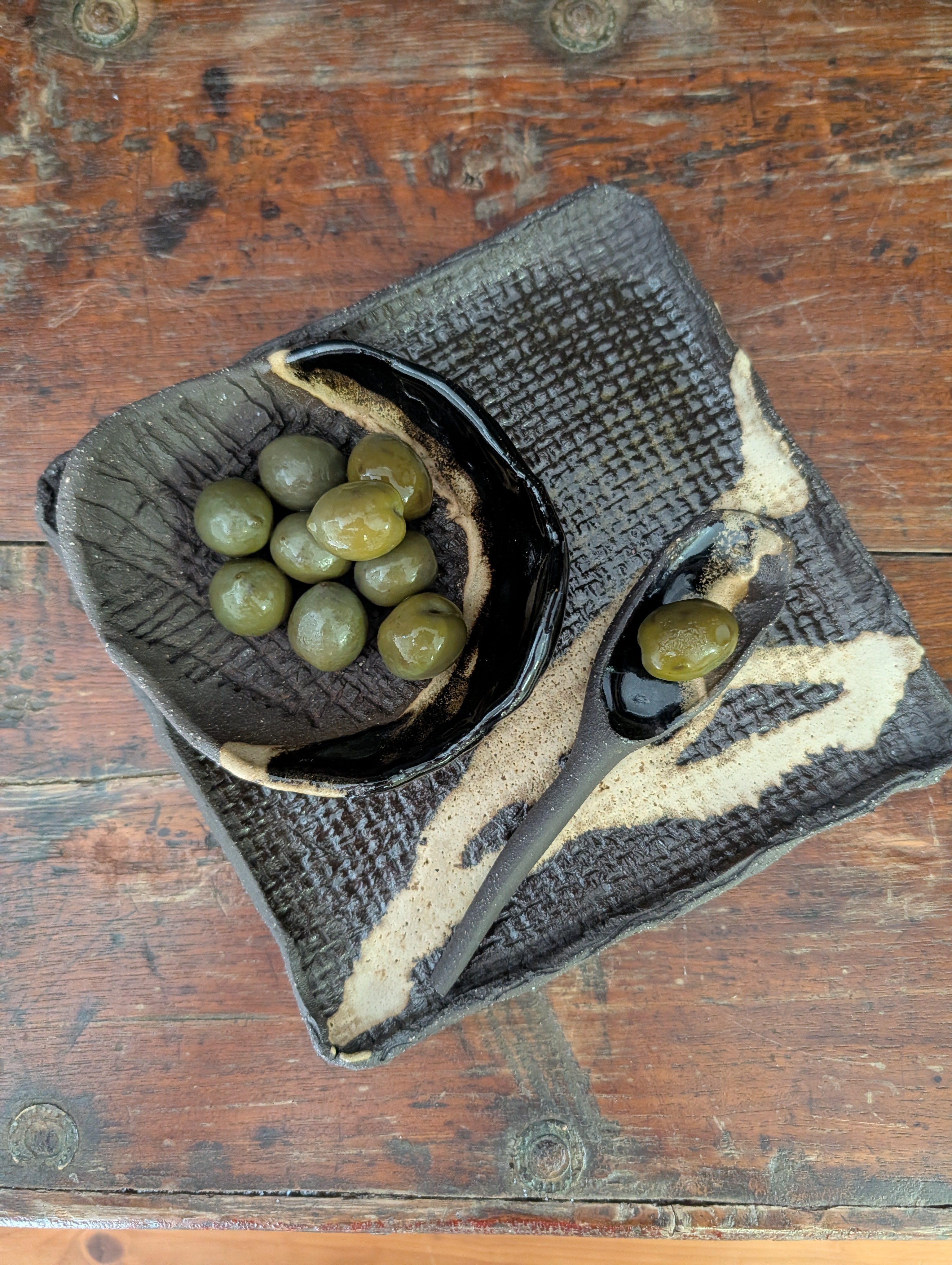 Small Handbuilt Ceramic Platter + Matching Bowl and Spoon | Modern Rustic • Earthy Minimalism • Stoneware