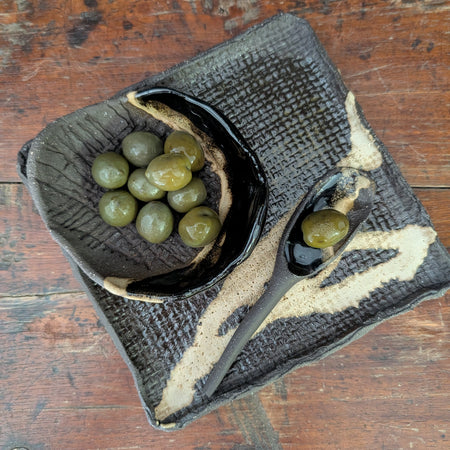 Small Handbuilt Ceramic Platter + Matching Bowl and Spoon | Modern Rustic • Earthy Minimalism • Stoneware