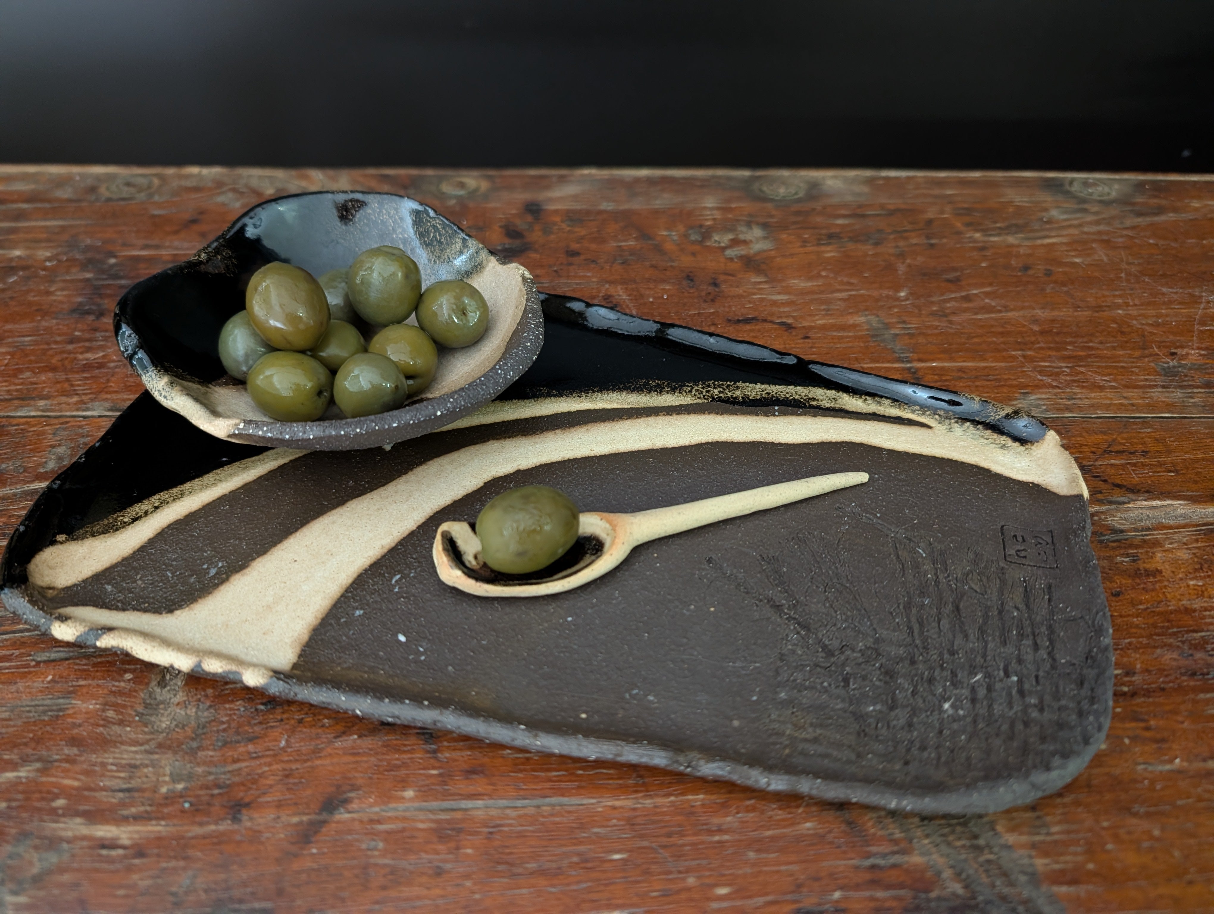 Small Handbuilt Ceramic Platter with Matching Bowl and Spoon - Rustic Stoneware Set