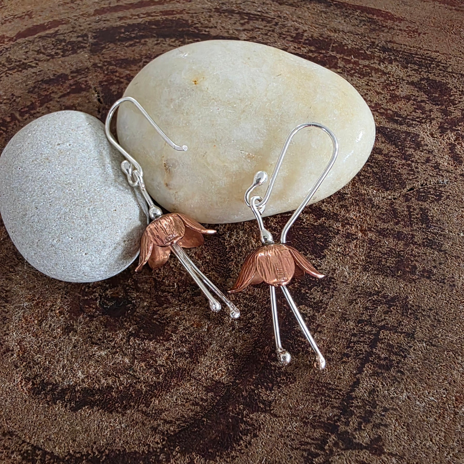 Dainty textured copper and Sterling silver flower earrings