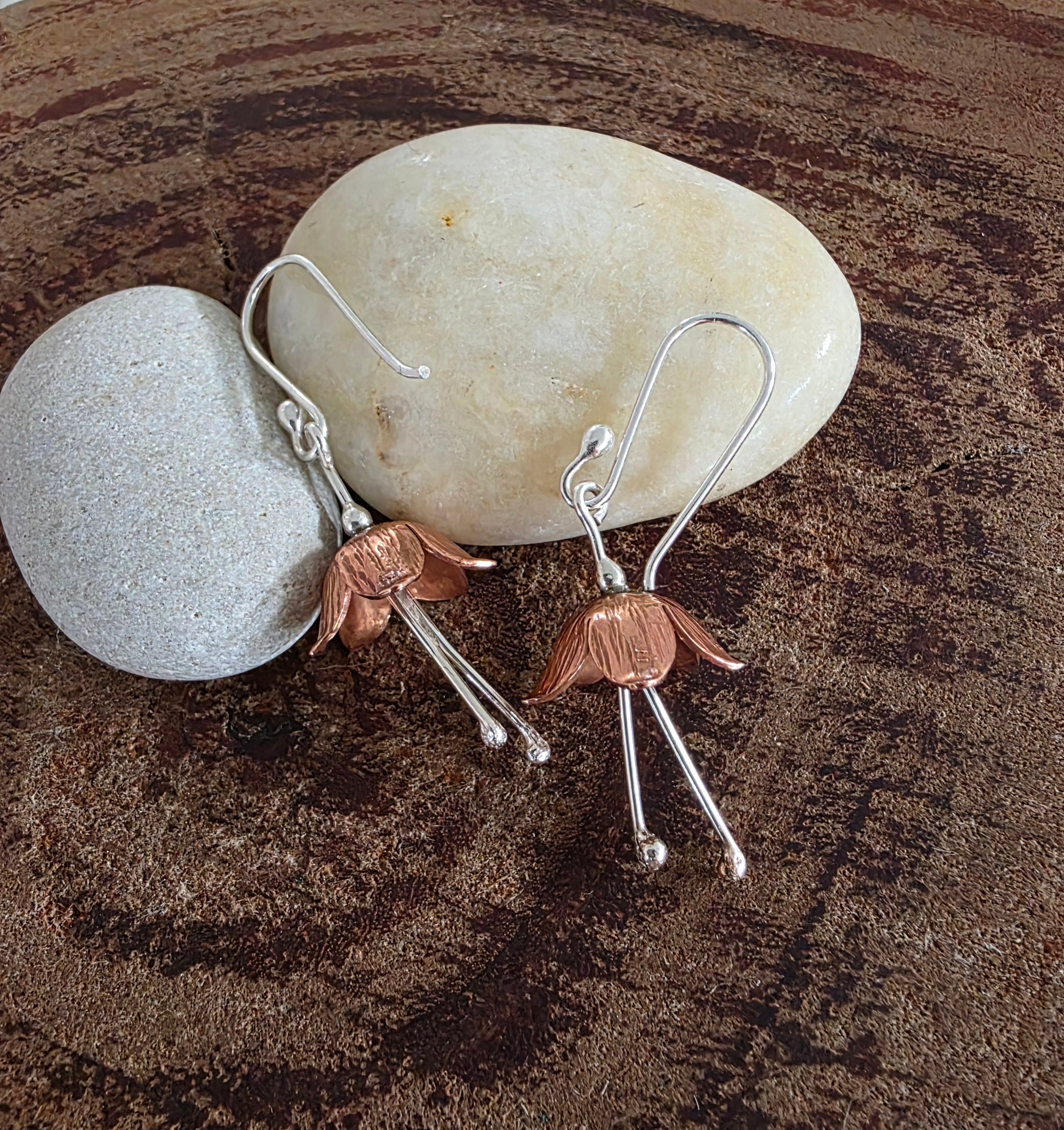 Dainty textured copper and Sterling silver flower earrings