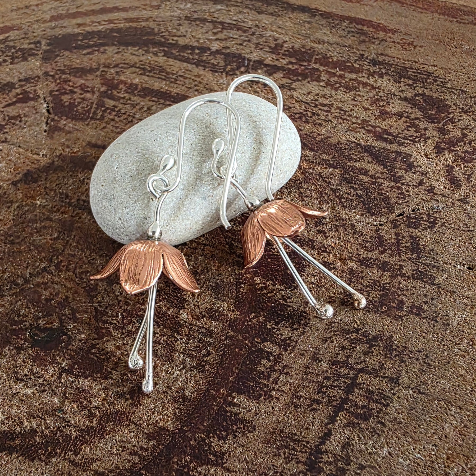 Dainty textured copper and Sterling silver flower earrings