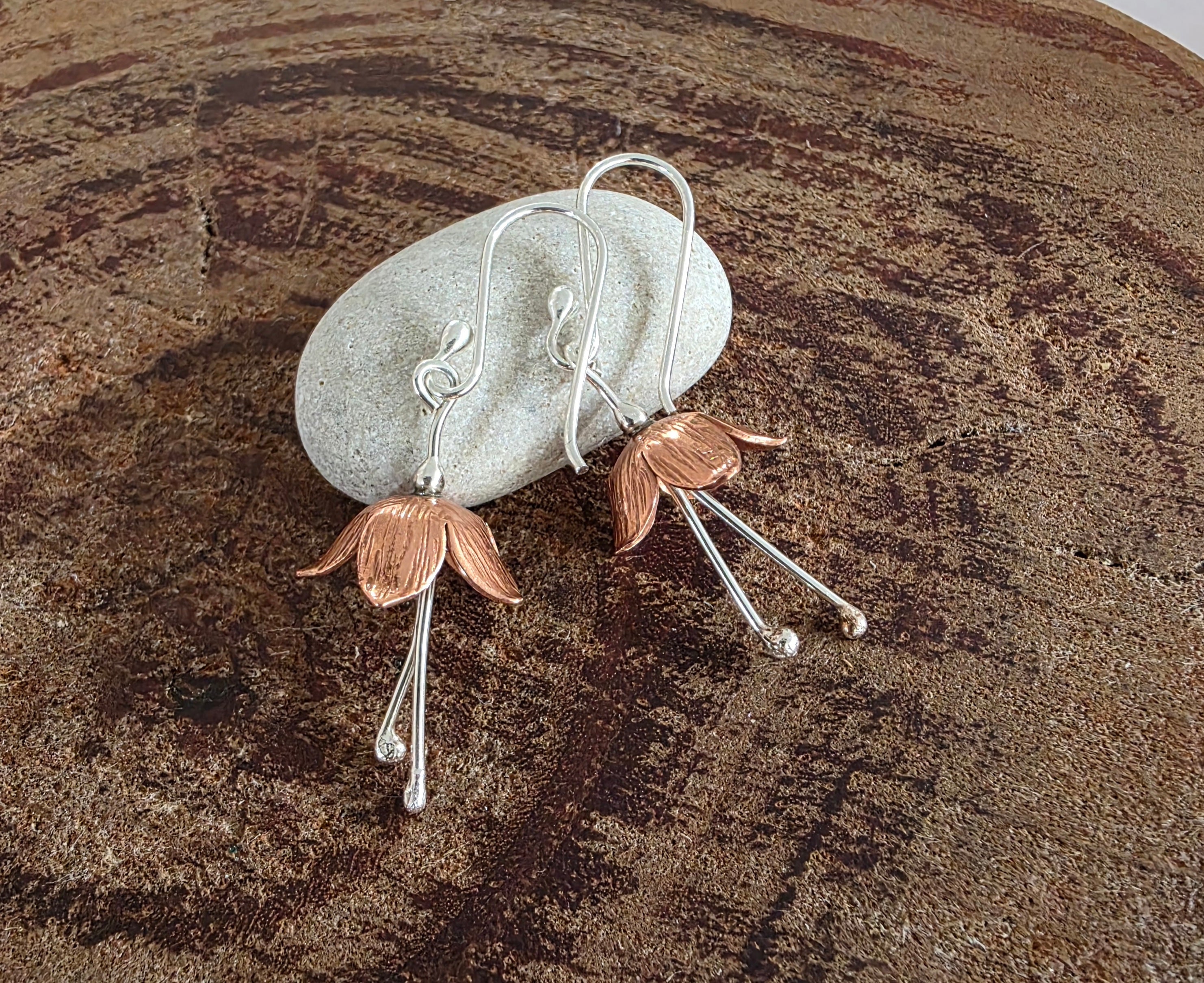 Dainty textured copper and Sterling silver flower earrings