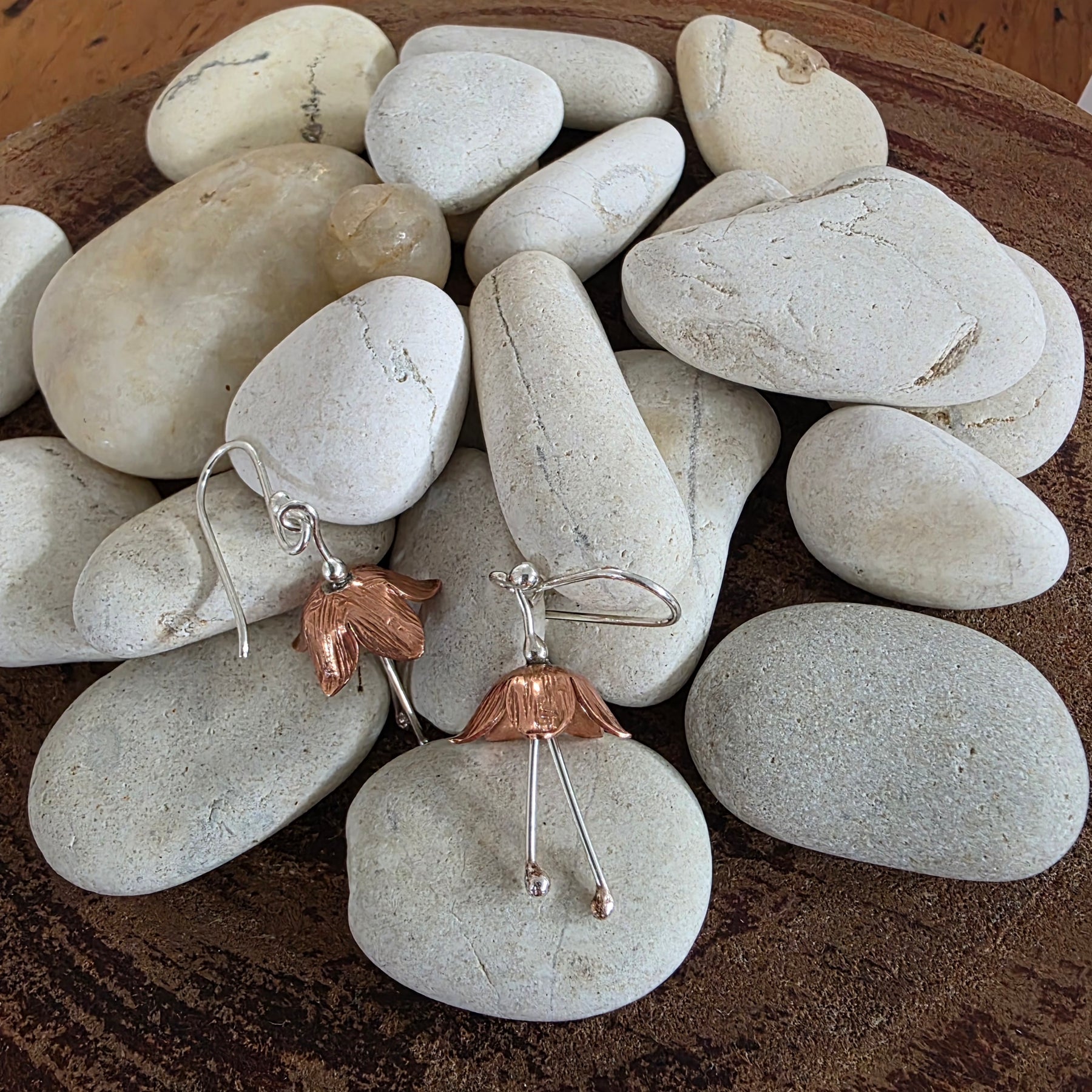 Dainty textured copper and Sterling silver flower earrings