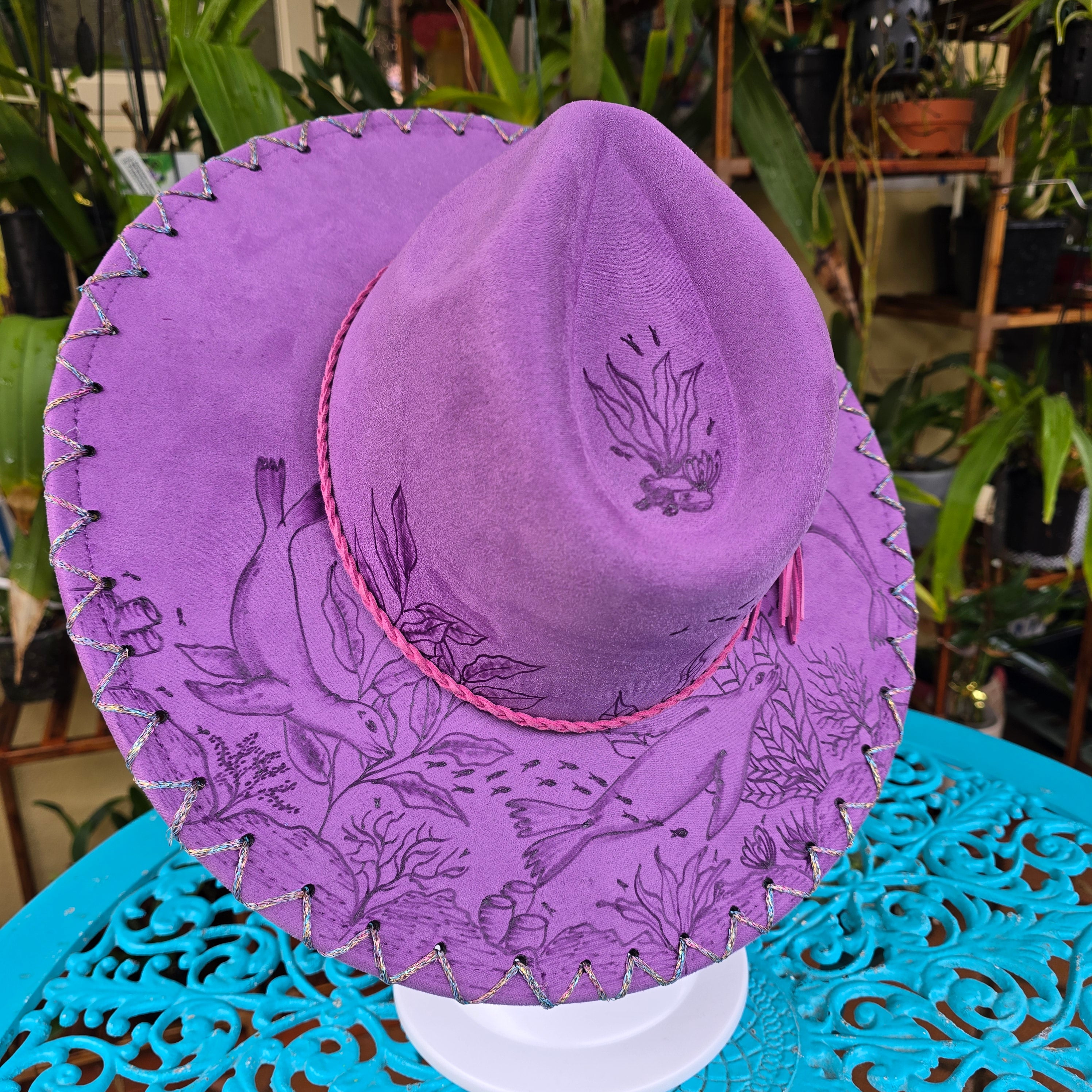 Hand burnt fedora hat: Ocean Magic