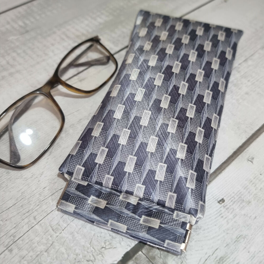 Flex frame glasses pouch, upcycled tie - patterned silver grey