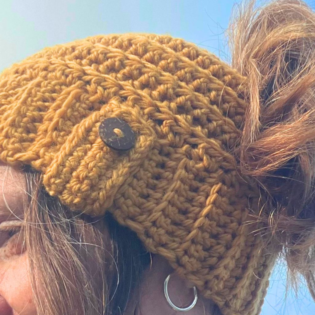 Banded Bee Ponytail Beanie - Handmade Crocheted Beanie in Australian Merino Wool | Turmeric Yellow