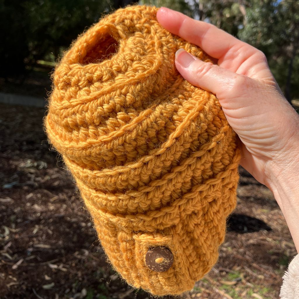 Banded Bee Ponytail Beanie - Handmade Crocheted Beanie in Australian Merino Wool | Turmeric Yellow