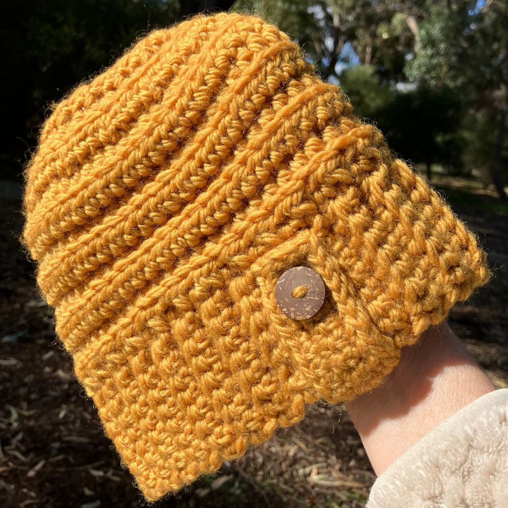 Banded Bee Ponytail Beanie - Handmade Crocheted Beanie in Australian Merino Wool | Turmeric Yellow