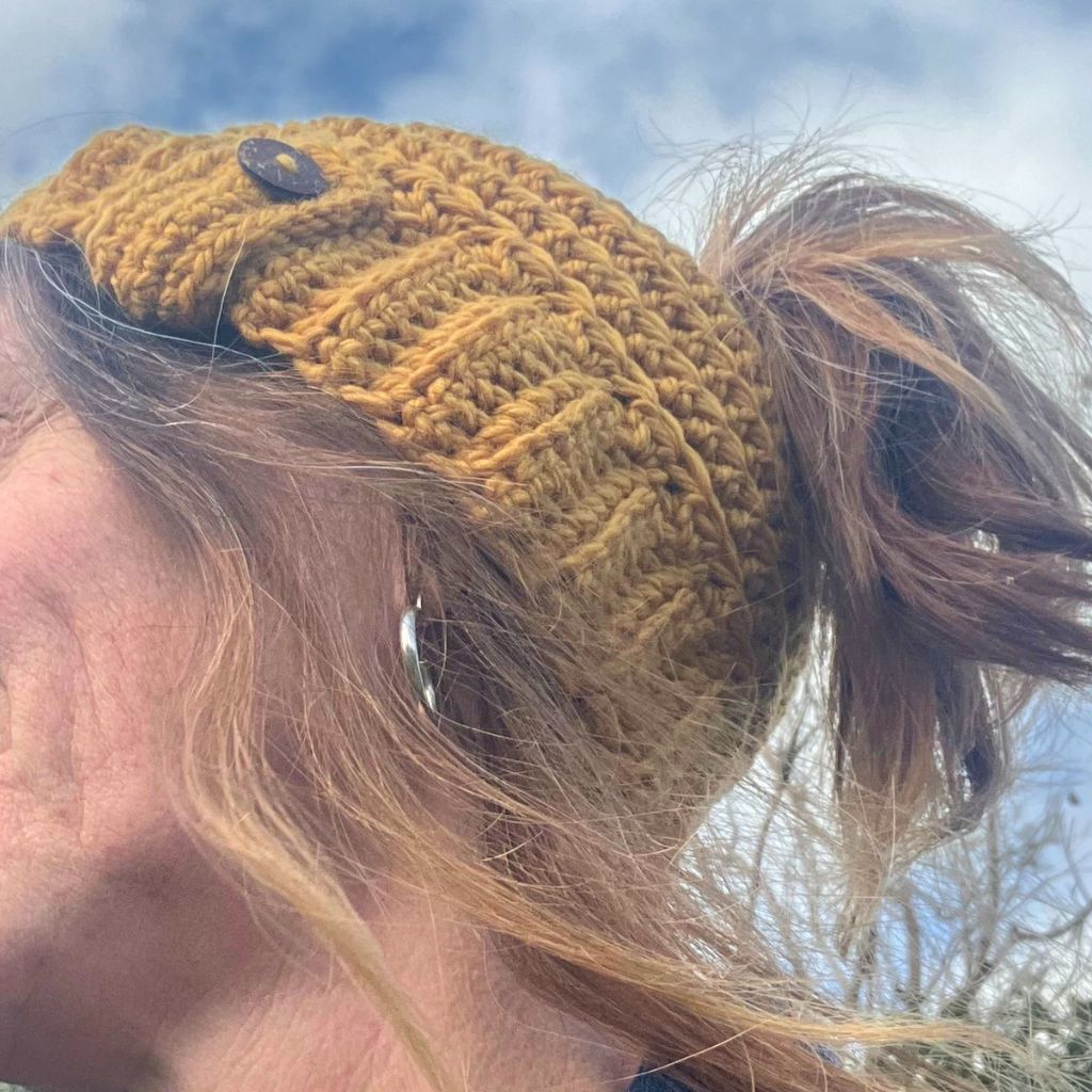 Banded Bee Ponytail Beanie - Handmade Crocheted Beanie in Australian Merino Wool | Turmeric Yellow