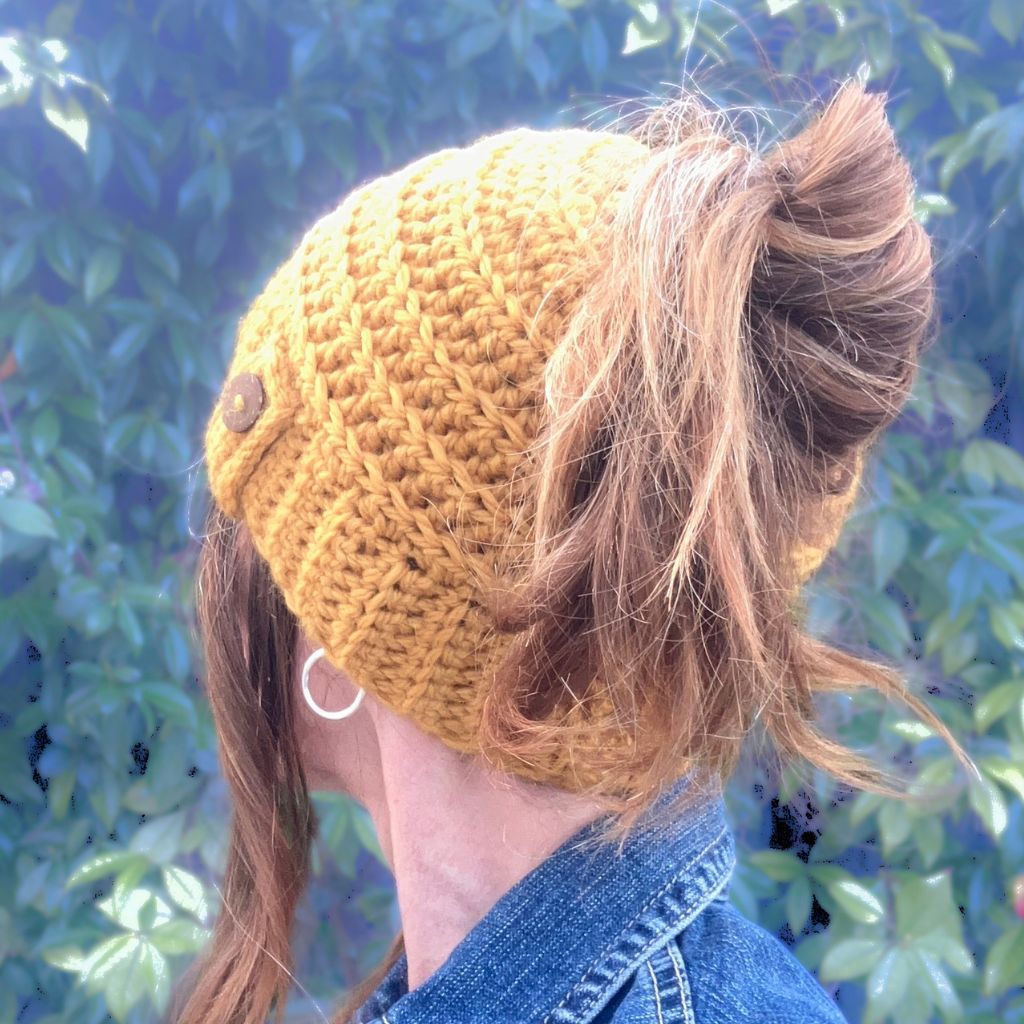 Banded Bee Ponytail Beanie - Handmade Crocheted Beanie in Australian Merino Wool | Turmeric Yellow