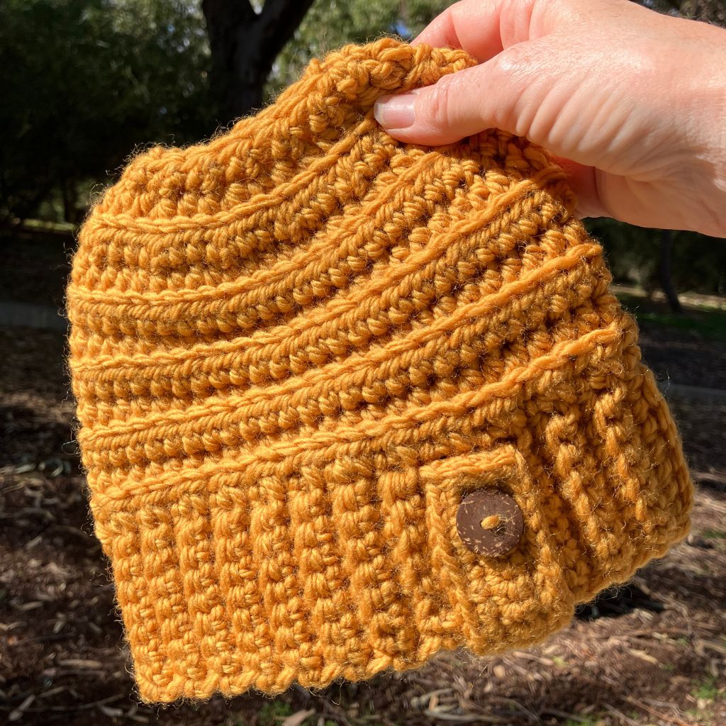 Banded Bee Ponytail Beanie - Handmade Crocheted Beanie in Australian Merino Wool | Turmeric Yellow