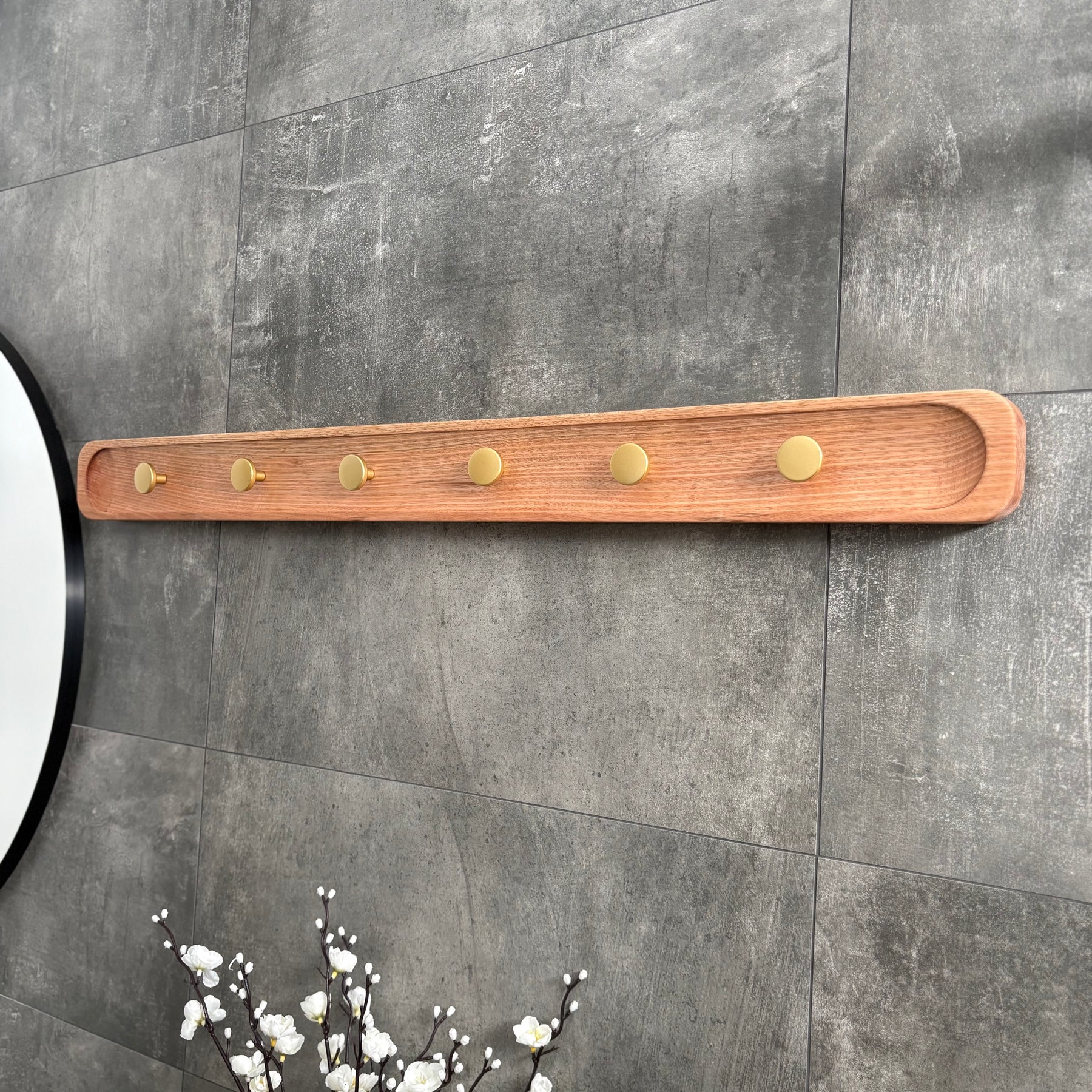 No.1 Tasmanian oak coat rack with gold hooks