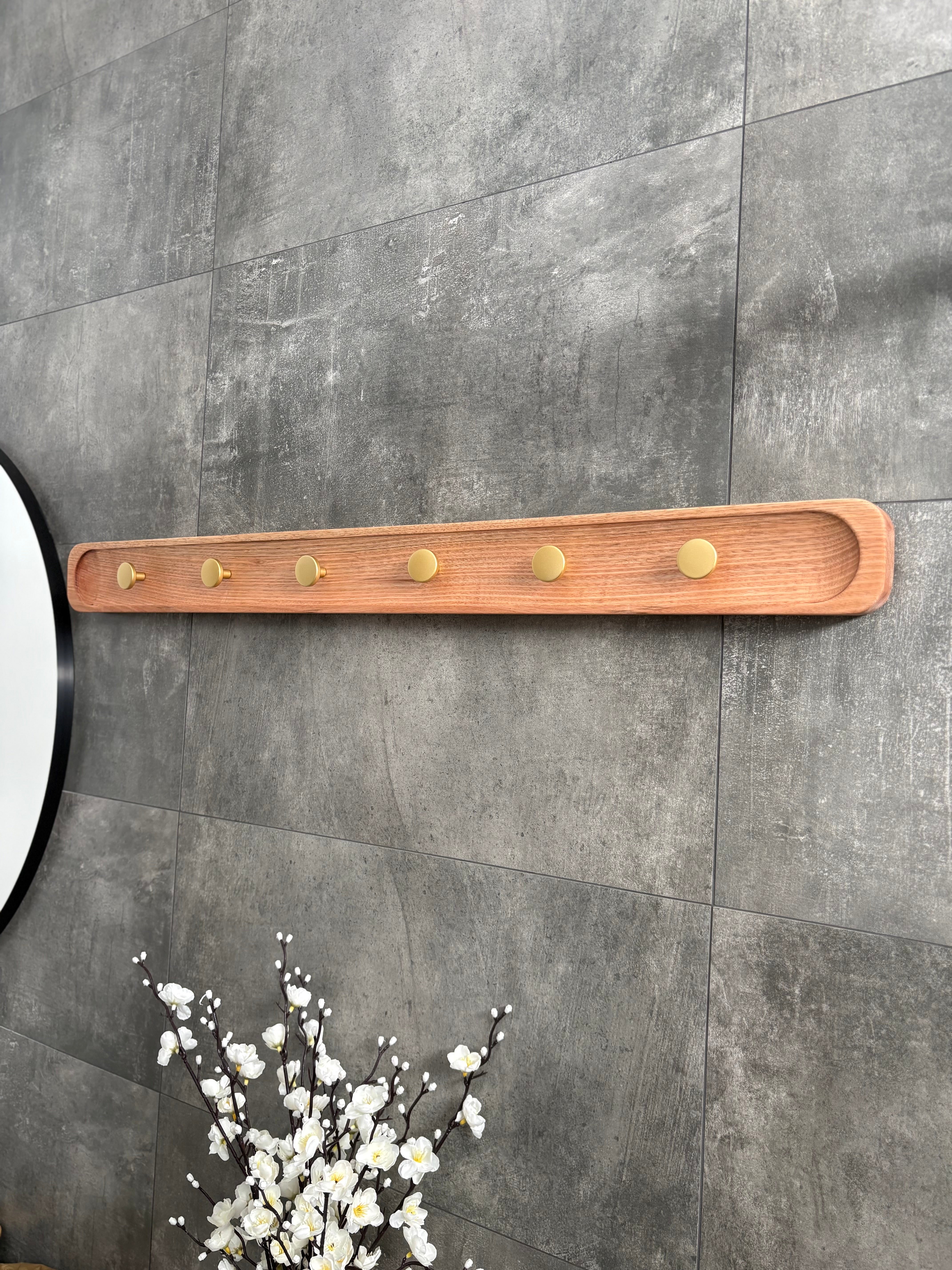 No.1 Tasmanian oak coat rack with gold hooks