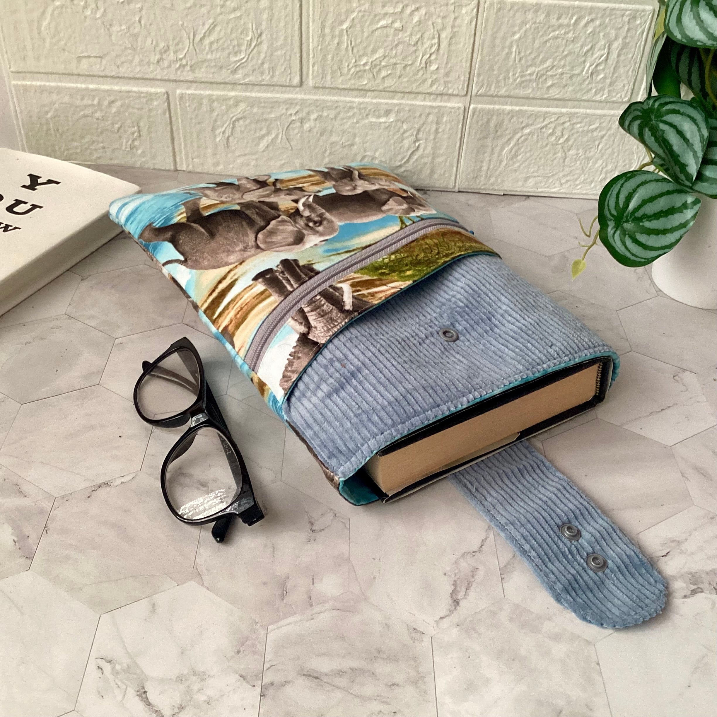 Elephants fabric book sleeve with 2 pockets. iPad, tablet pouch
