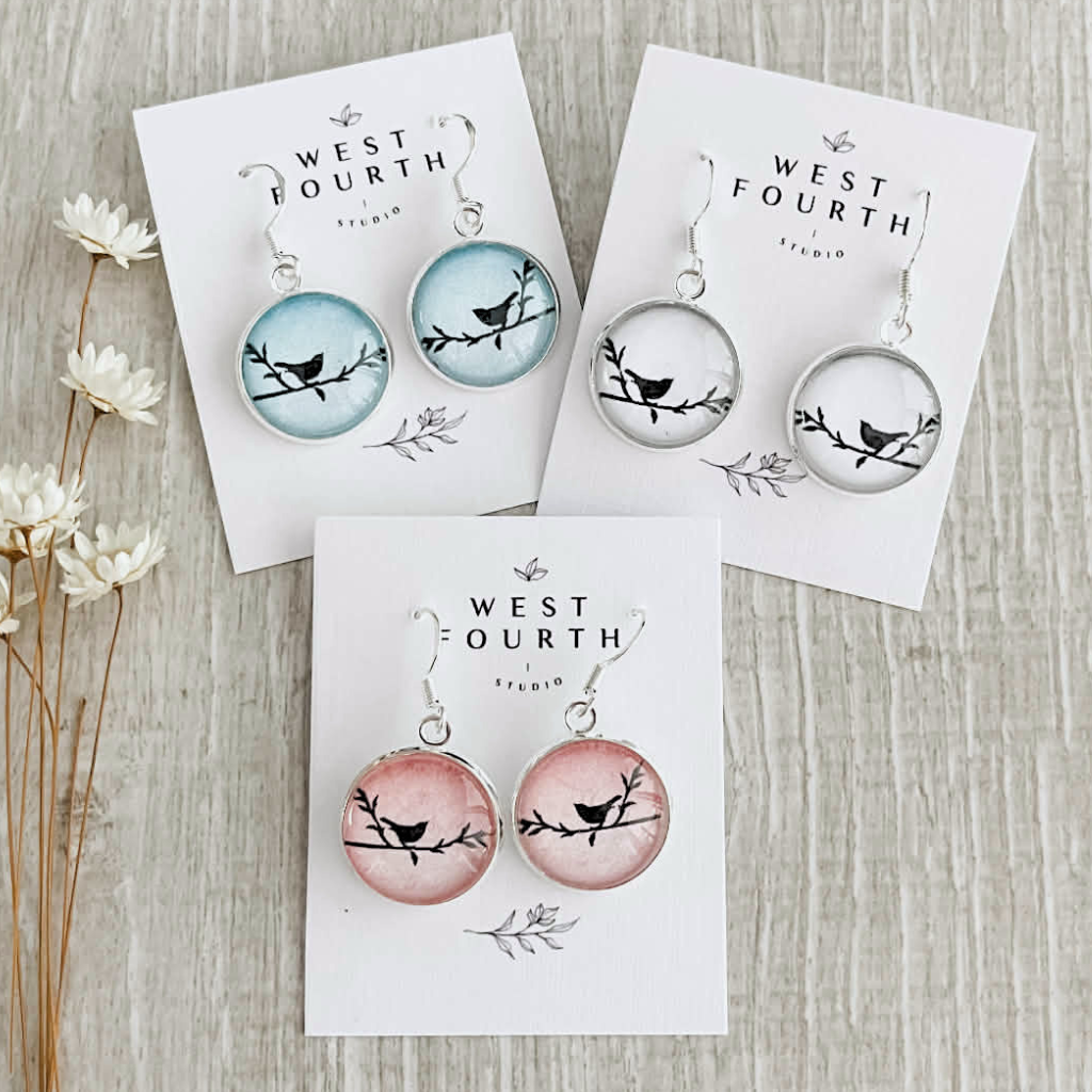 Bird Lover Earrings • Little Bird on a Branch • Choose Pink, Blue or White