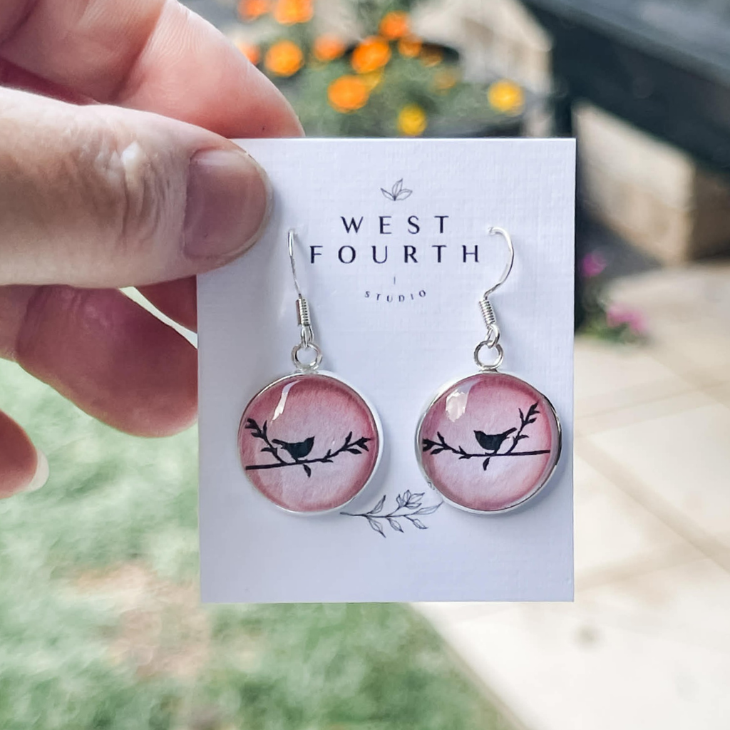 Bird Lover Earrings • Little Bird on a Branch • Choose Pink, Blue or White