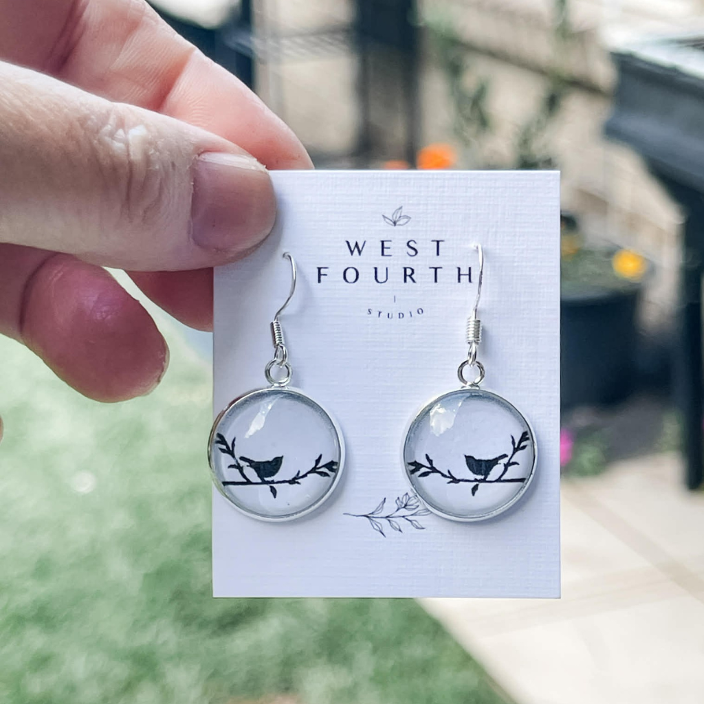 Bird Lover Earrings • Little Bird on a Branch • Choose Pink, Blue or White