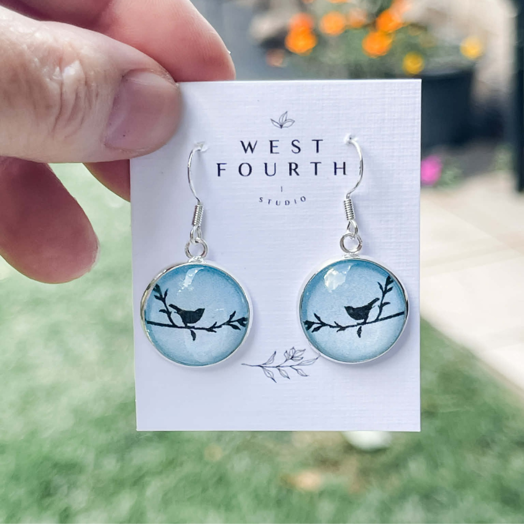Bird Lover Earrings • Little Bird on a Branch • Choose Pink, Blue or White