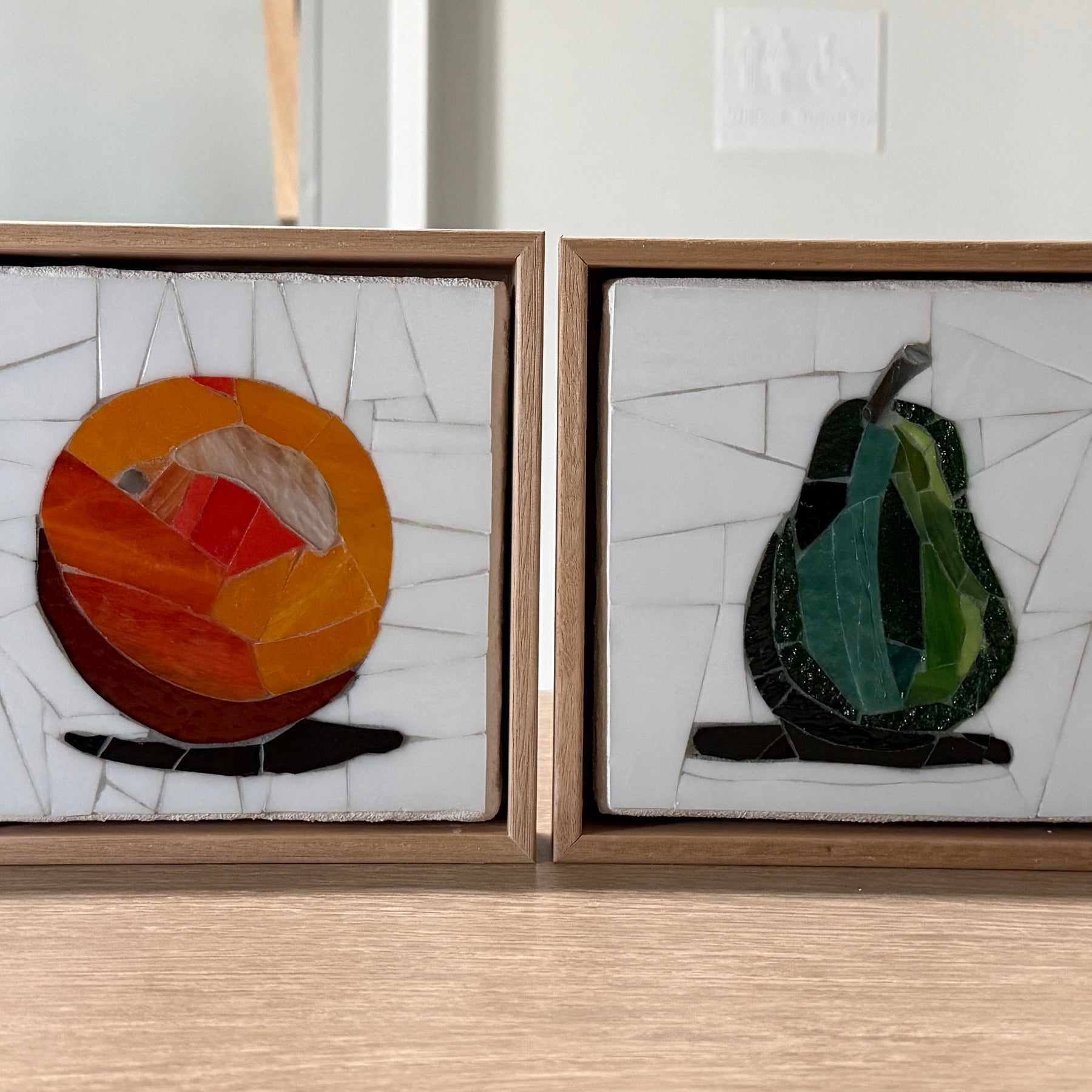 Stained Glass Mosaic Pear Framed in Oak