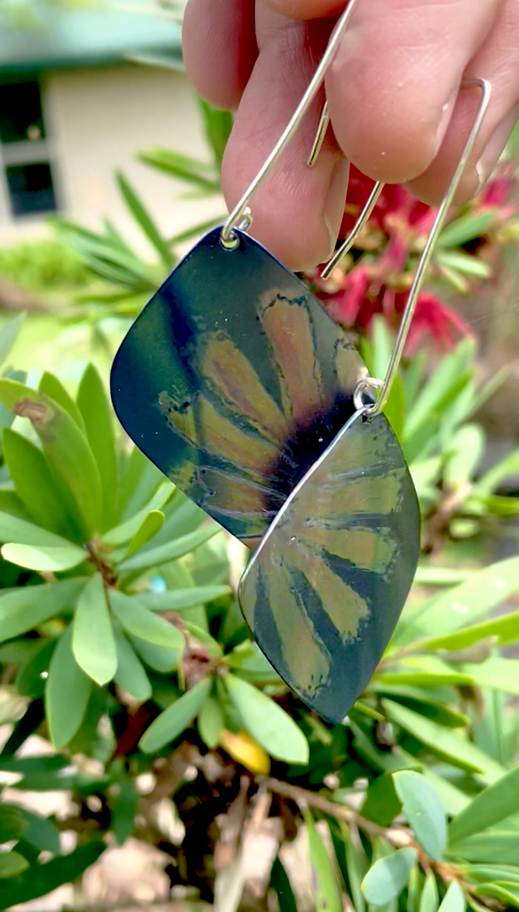 Titanium Statement Dangles with Painted Floral Design-Blue, Yellow and Orange