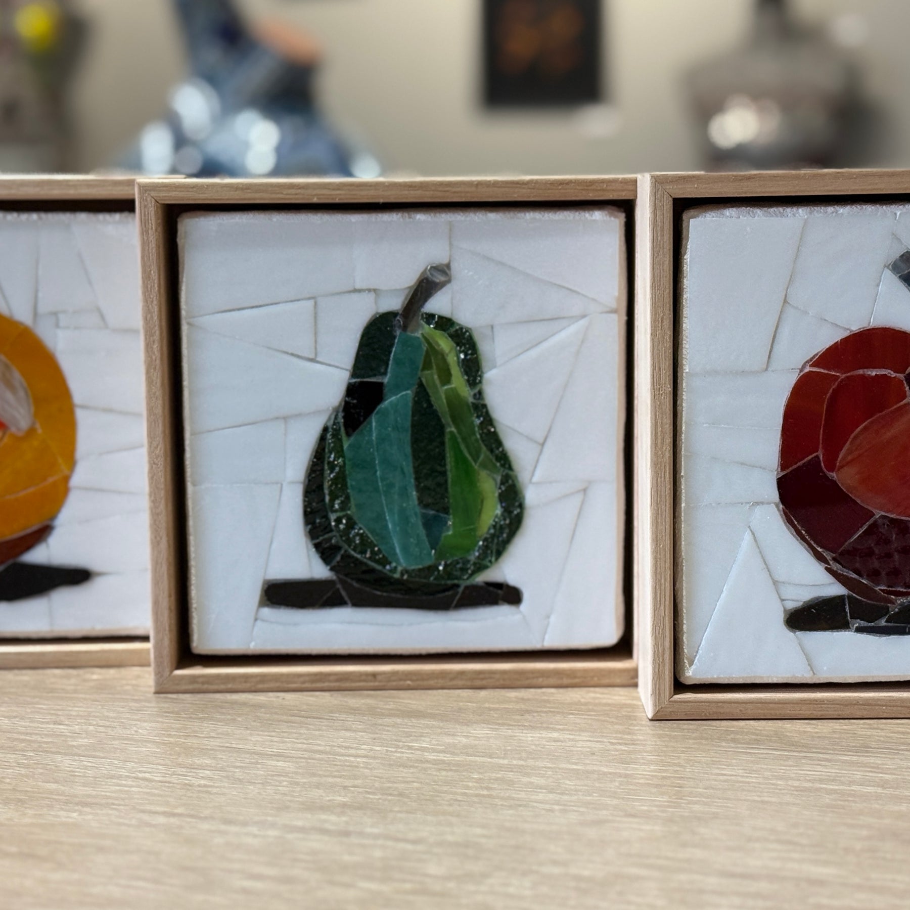 Stained Glass Mosaic Pear Framed in Oak