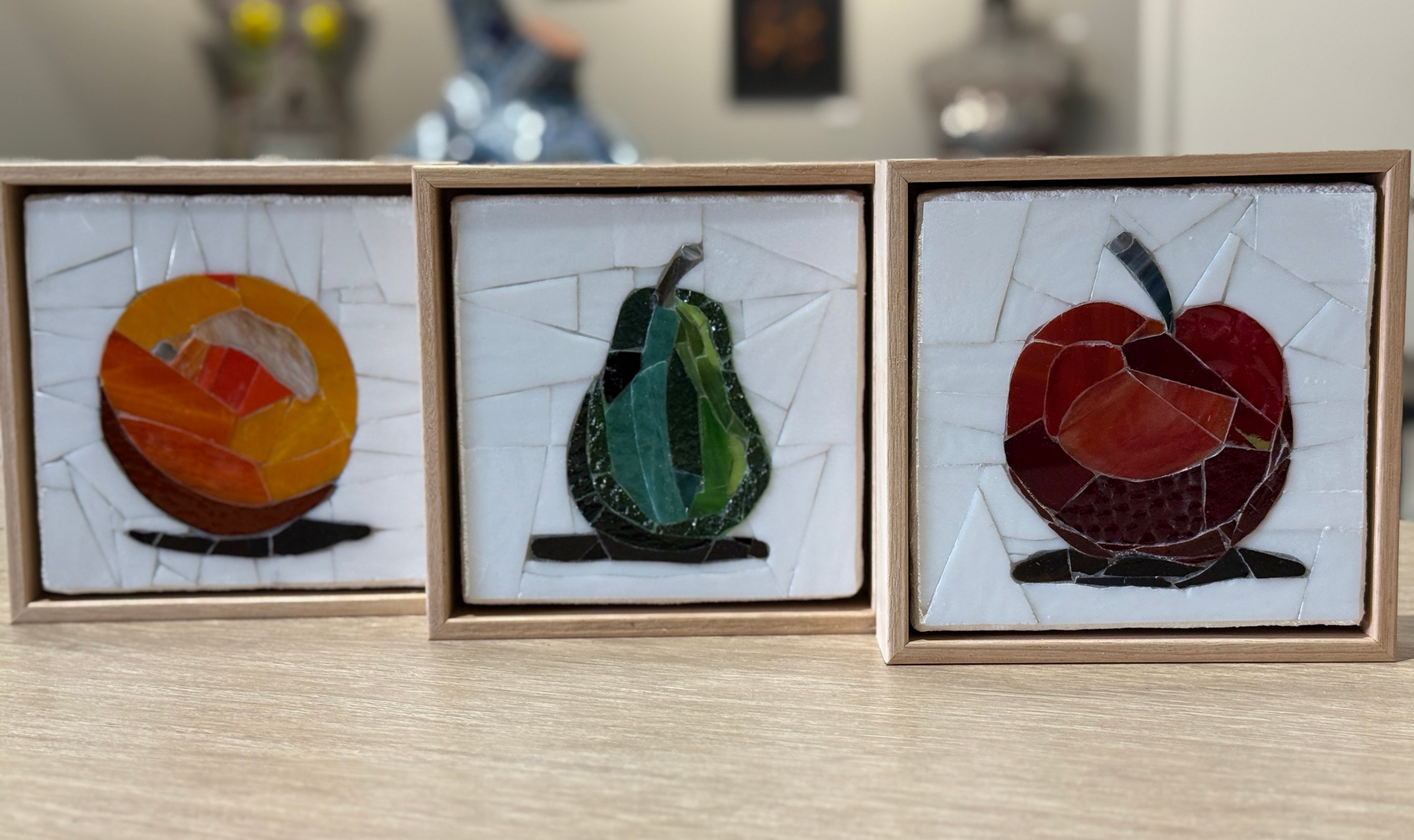 Stained Glass Mosaic Pear Framed in Oak