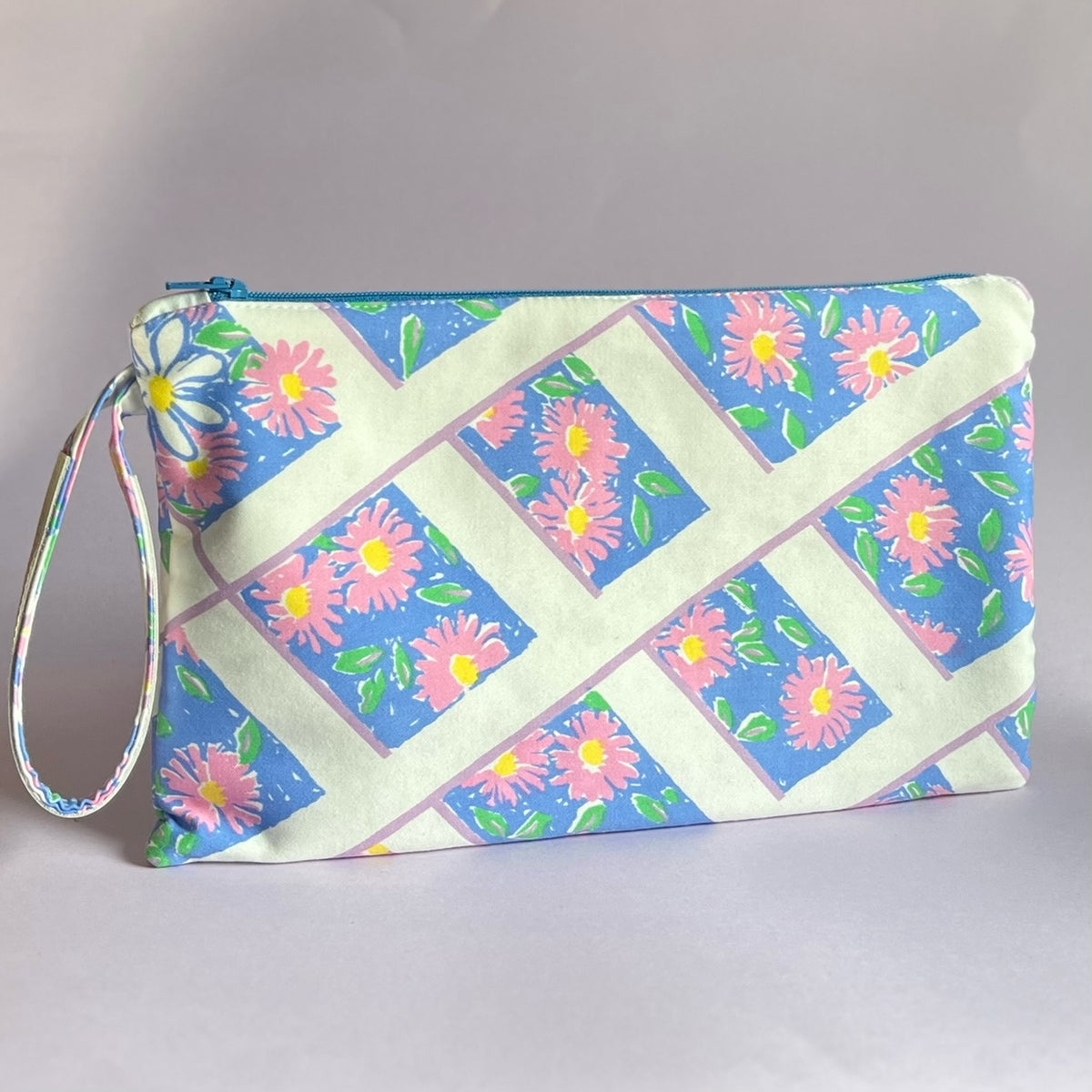 Floral, repurposed vintage fabric zip POUCH wrist strap