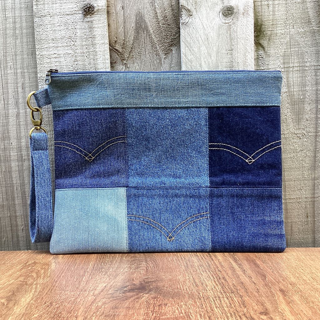 Large Upcycled Denim Pouch #6 - Pocket Patchwork