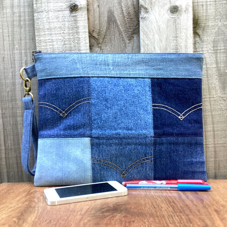 Large Upcycled Denim Pouch #6 - Pocket Patchwork