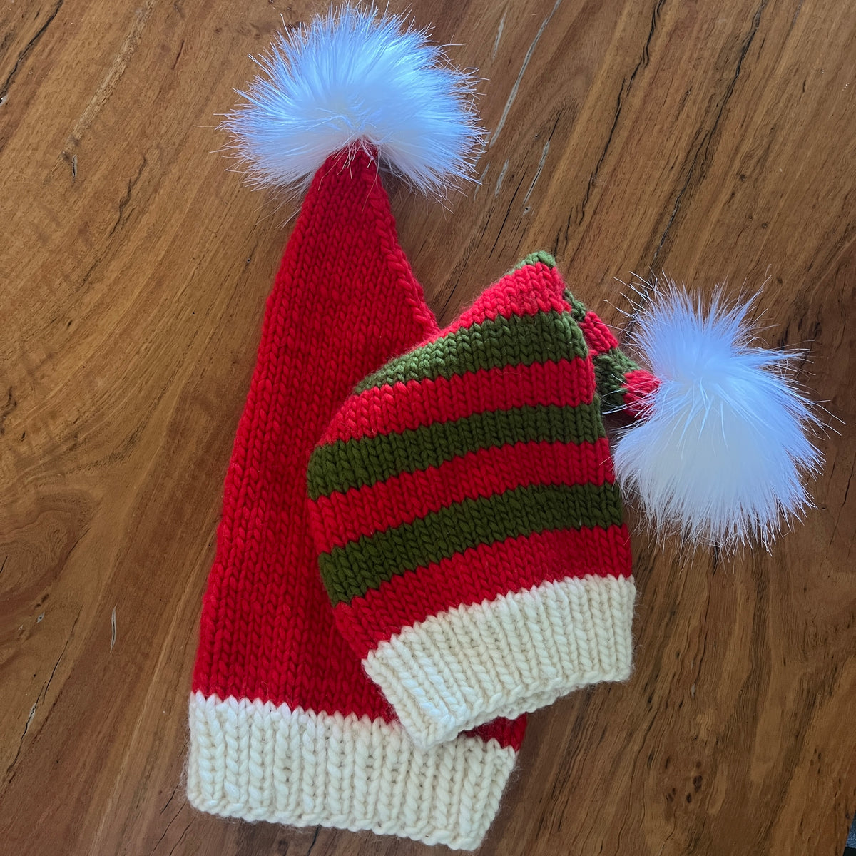 Hand knit wool Christmas hats