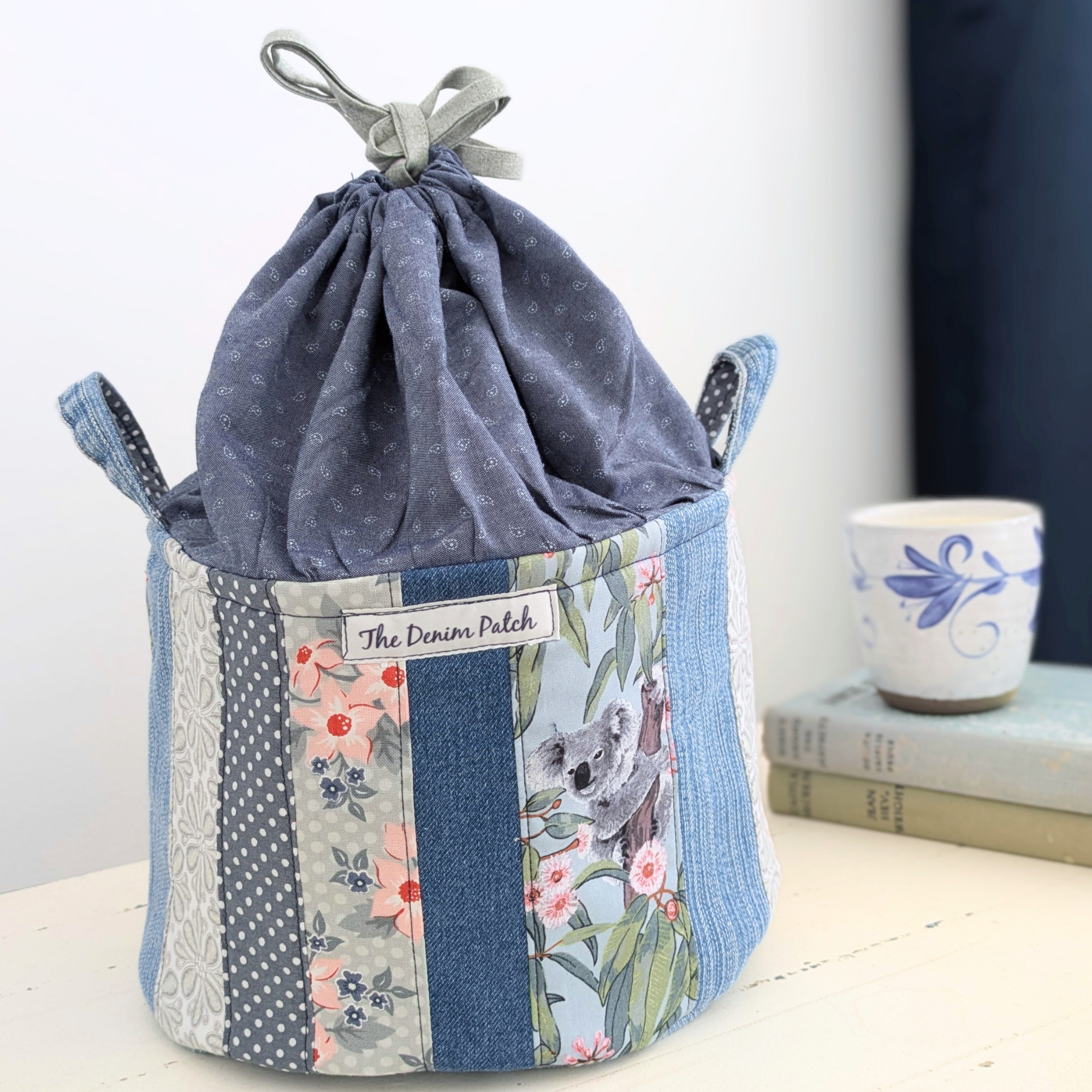 Upcycled Denim Bag Drawstring, Project Basket, Koalas