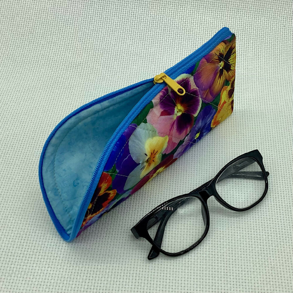 Pansies curved top zip pouch for glasses, phones, handbag organiser, etc.