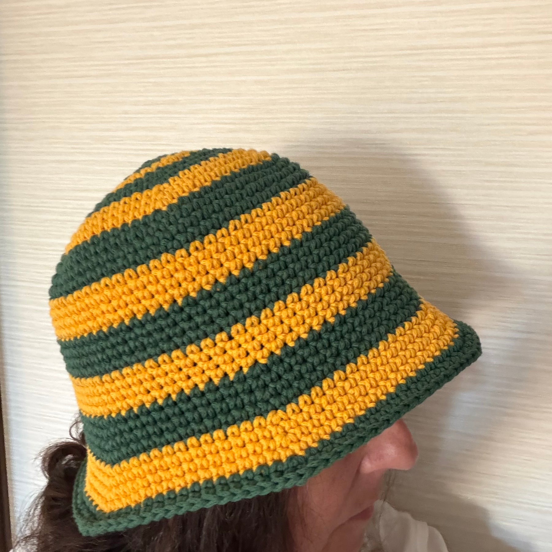Handmade Australian Green & Gold Crochet Bucket Hat Cricket Season Hat