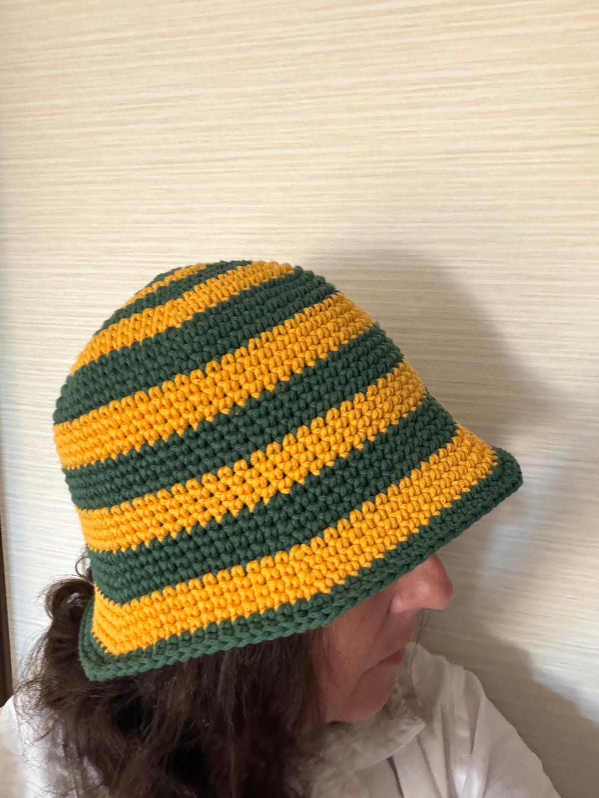 Handmade Australian Green & Gold Crochet Bucket Hat Cricket Season Hat