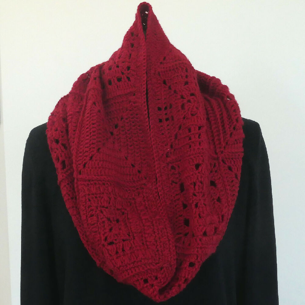 Winter warmer: deep rich red cowl scarf crocheted 8ply wool.