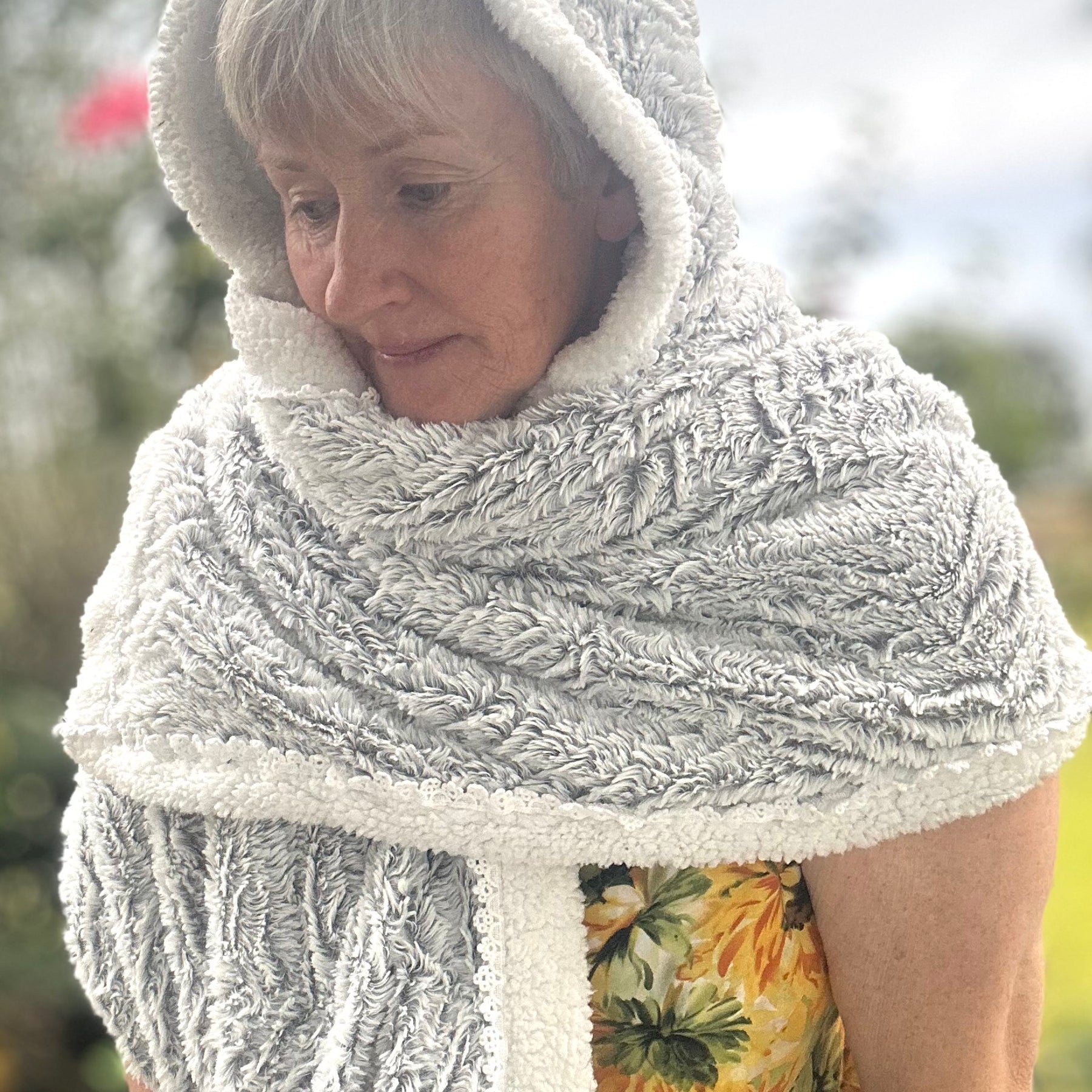 Hooded Grey Blanket Shawl Wrap with Pom Poms
