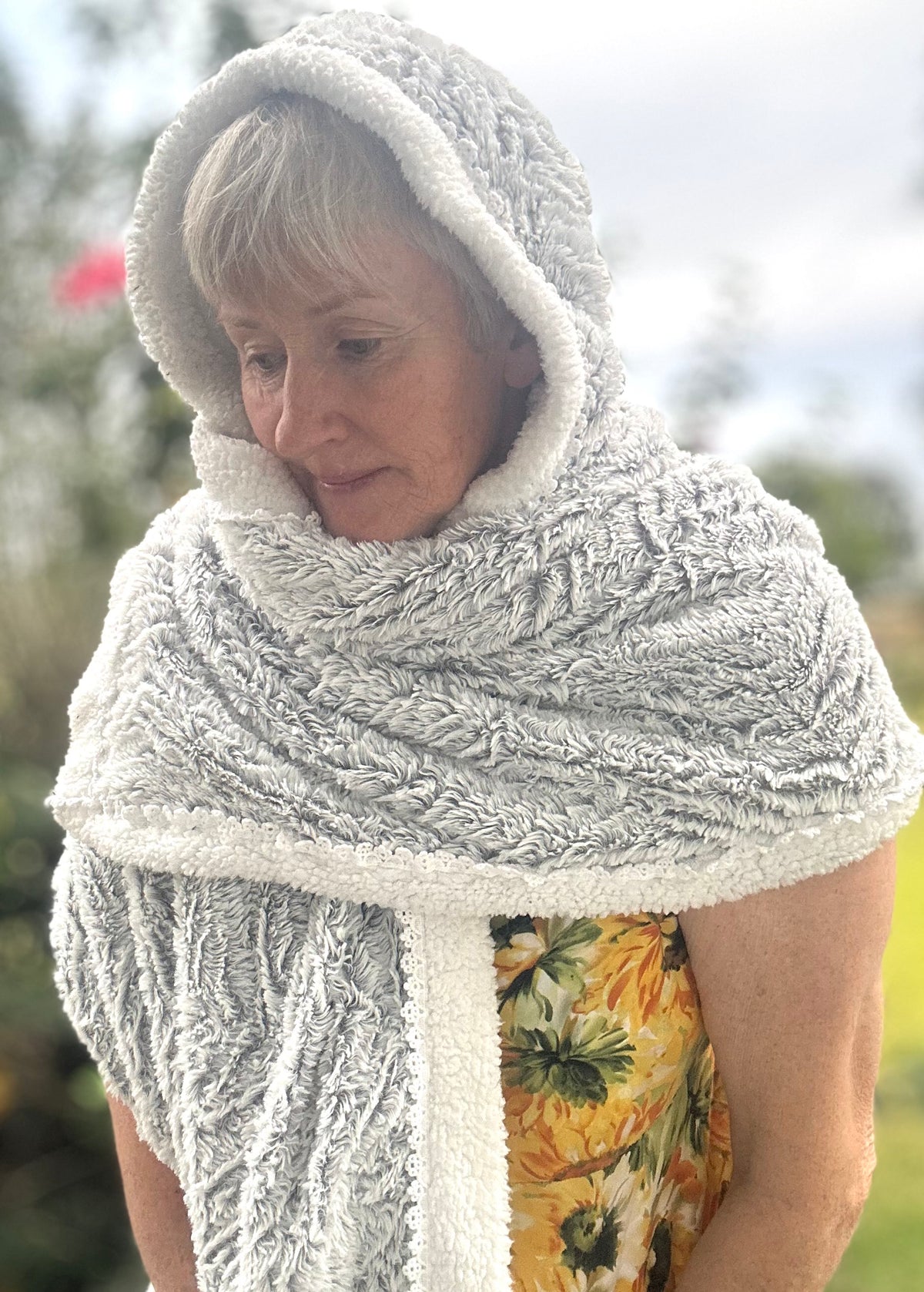 Hooded Grey Blanket Shawl Wrap with Pom Poms
