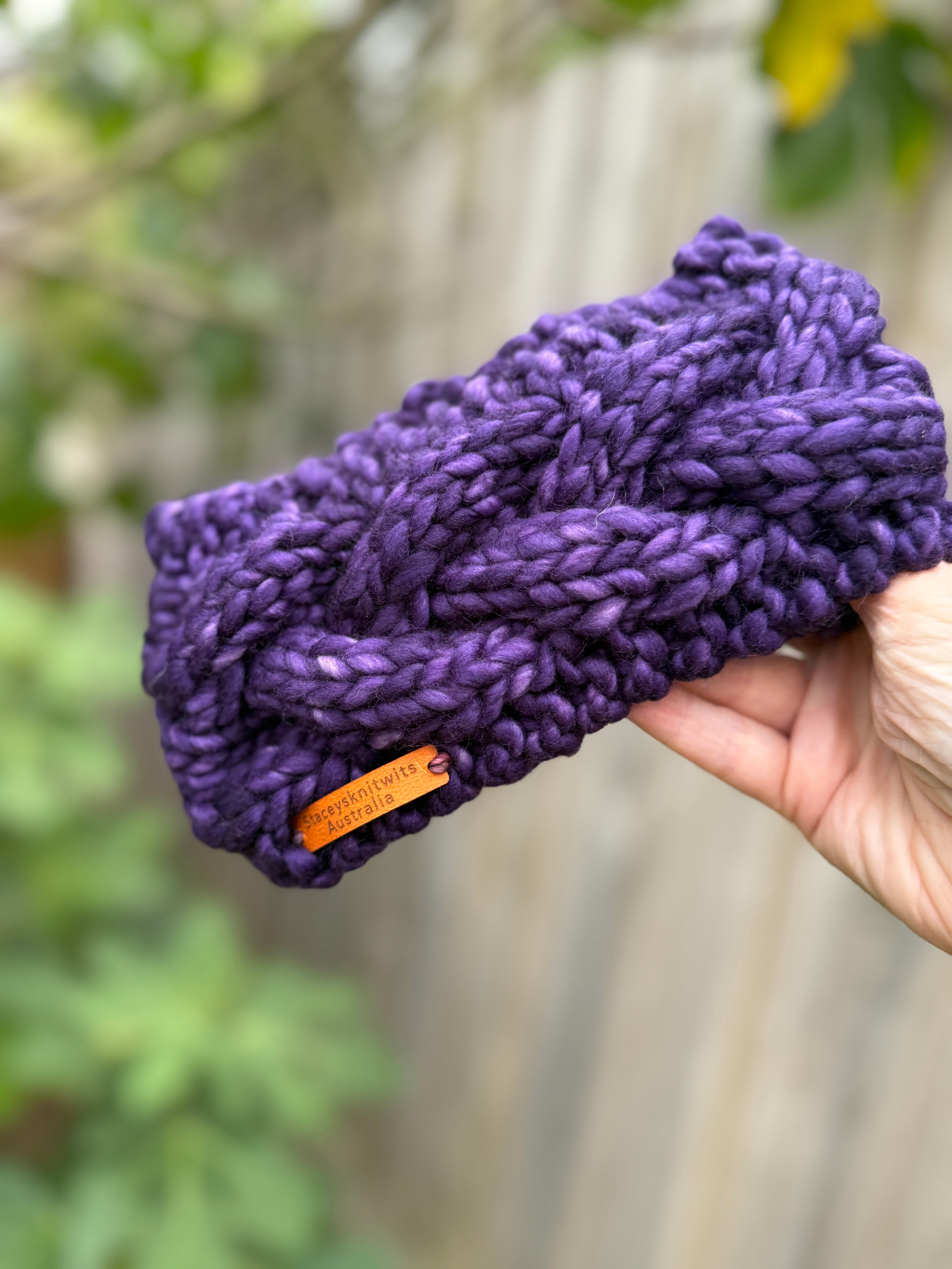 Purple Merino Headband, Ladies Knitted cable winter headband