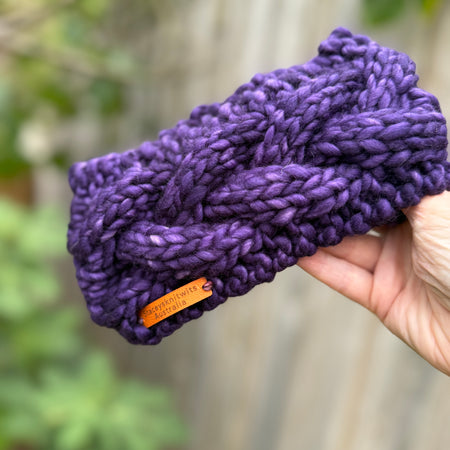 Purple Merino Headband, Ladies Knitted cable winter headband
