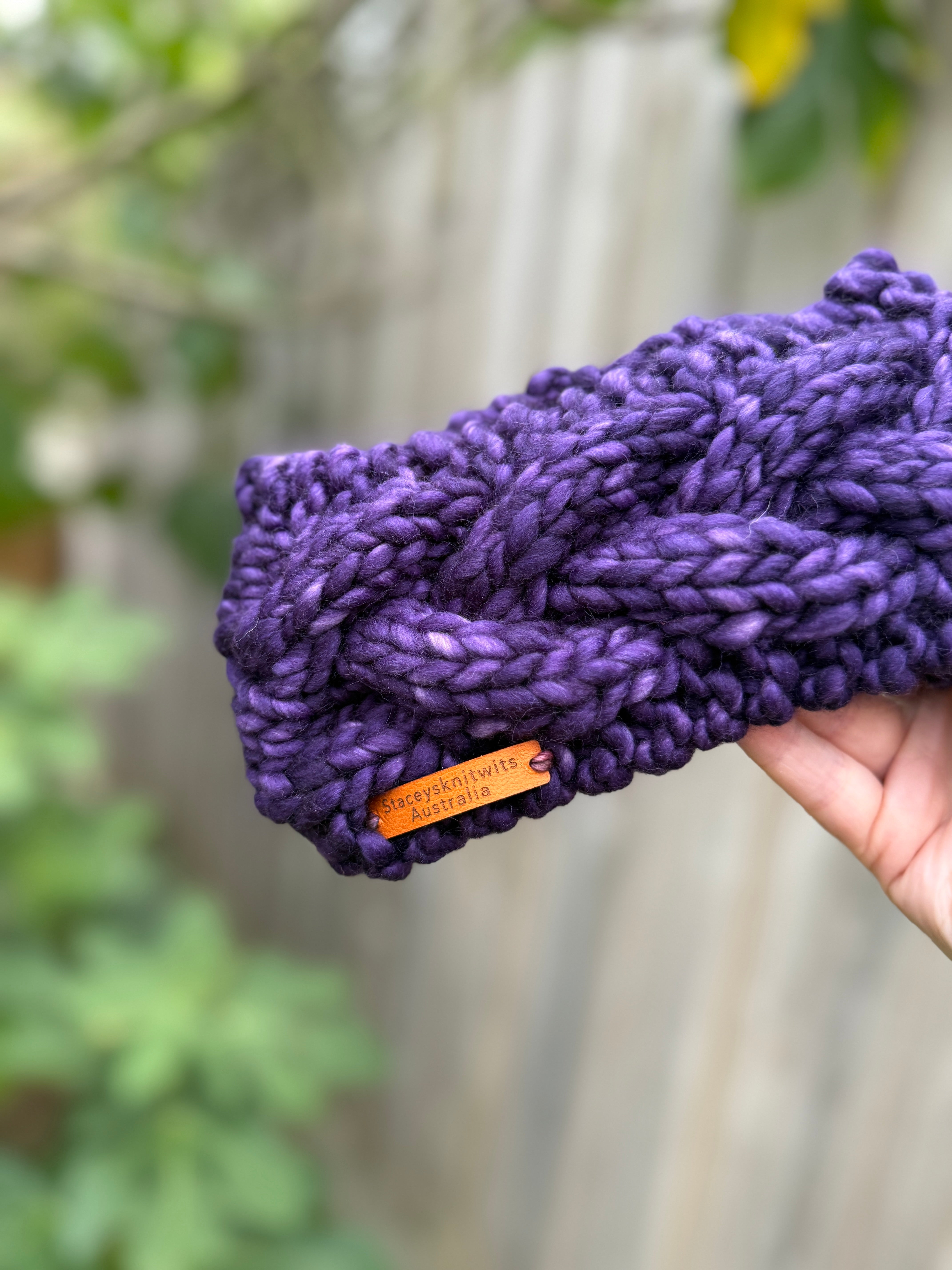 Purple Merino Headband, Ladies Knitted cable winter headband