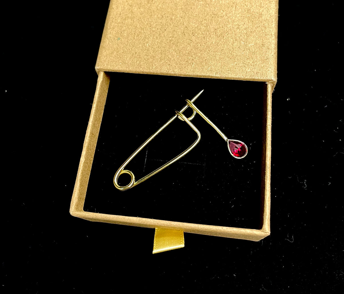 Brass and Ruby teardrop brooch