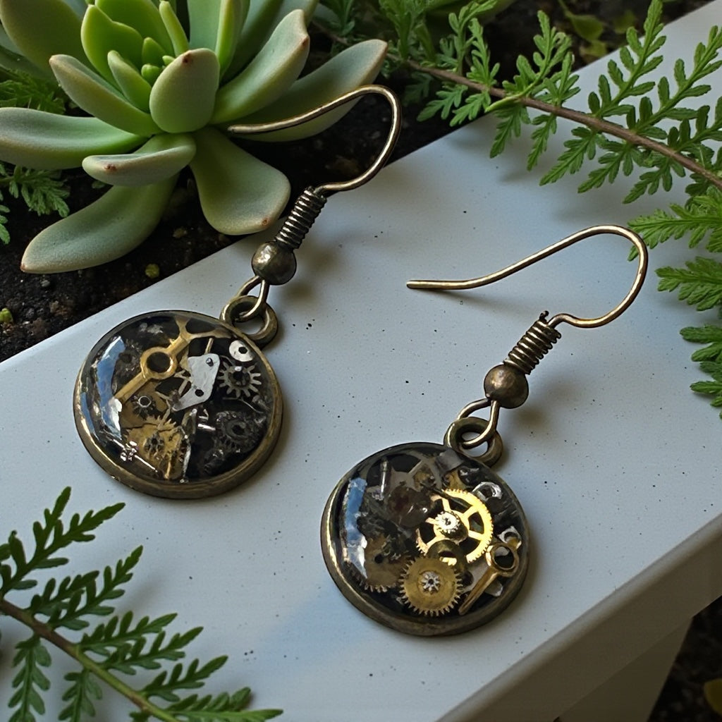 Steampunk watch parts dangle earrings (bronze)