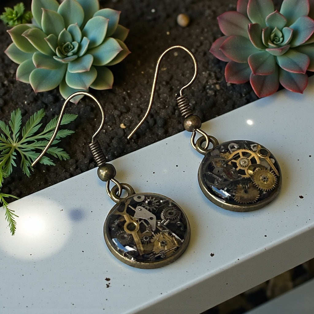 Steampunk watch parts dangle earrings (bronze)
