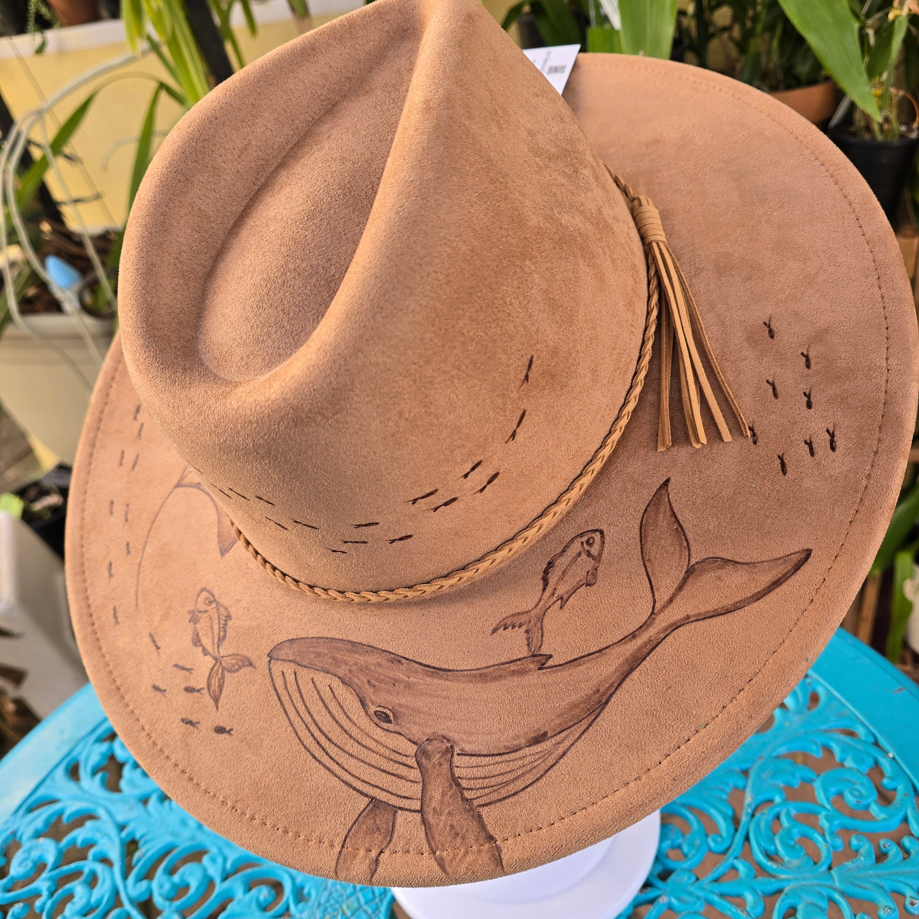 Hand burnt pyrography fedora hat - Ocean Odyssey
