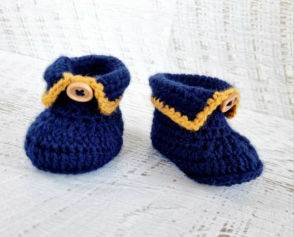 Baby Booties Navy Blue & Mustard Newborn Crochet Knit Shoes Socks