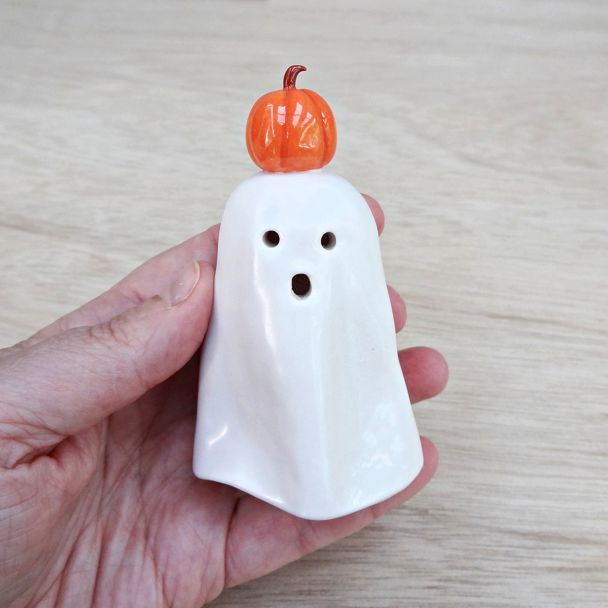Ceramic ghost figurine. Spooky mini Halloween decor