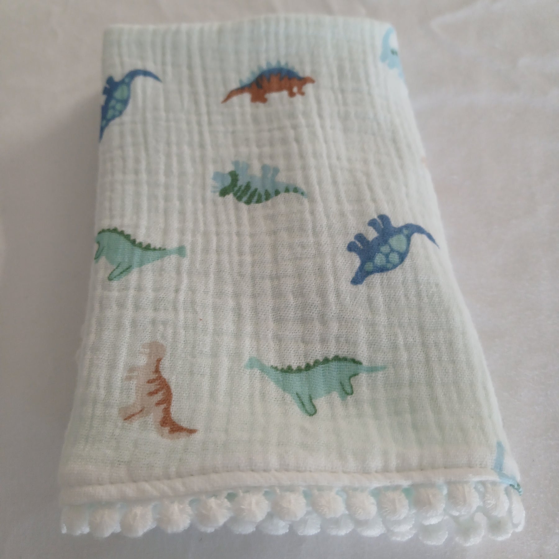 Handmade Double Gauze Dummy Comforter  - 35x31cm with Beechwood Teething Ring -Dinosaurs , Light Mint