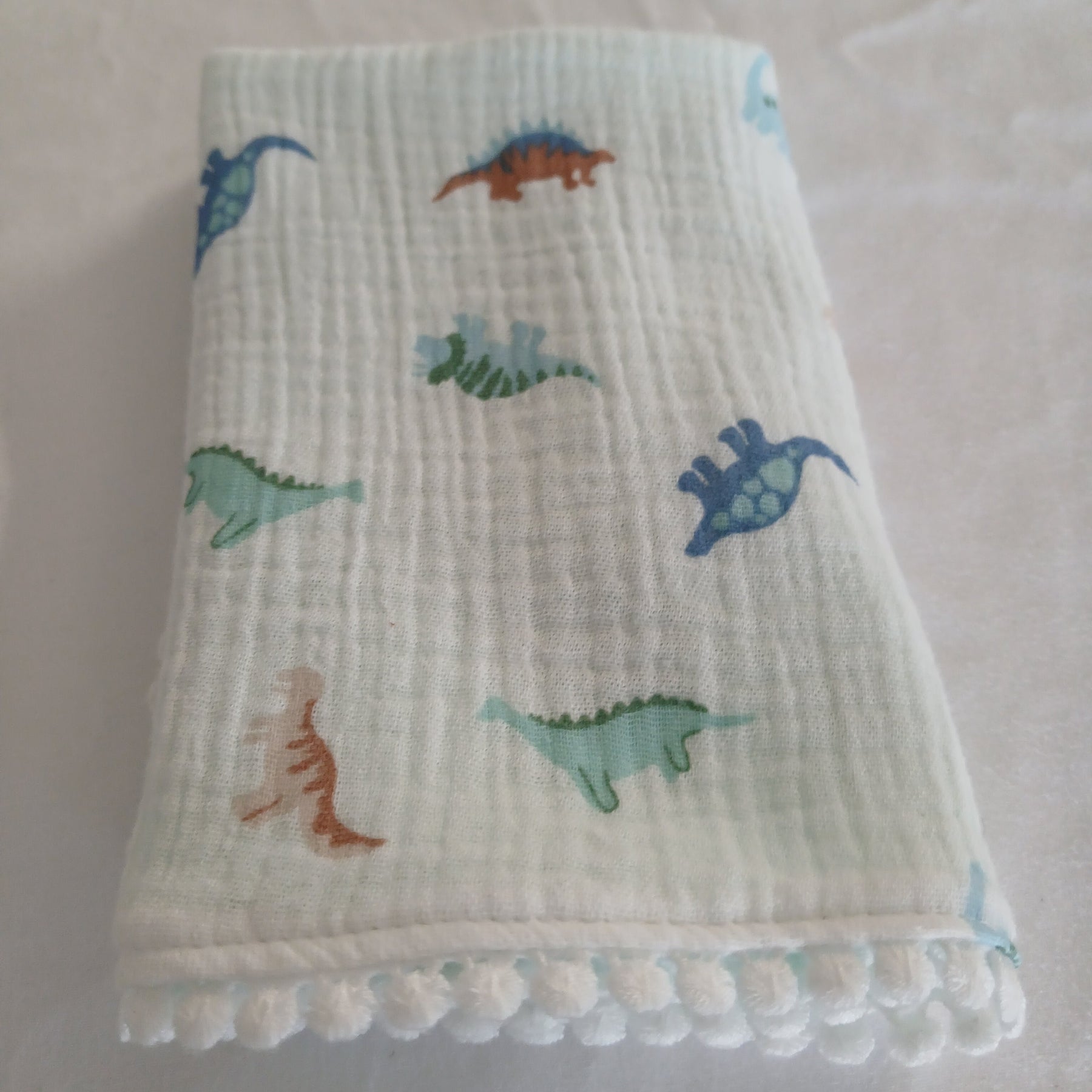 Handmade Double Gauze Dummy Comforter Set of 2 - 35x31cm with Beechwood Teething Ring -Dinosaurs , Light Mint